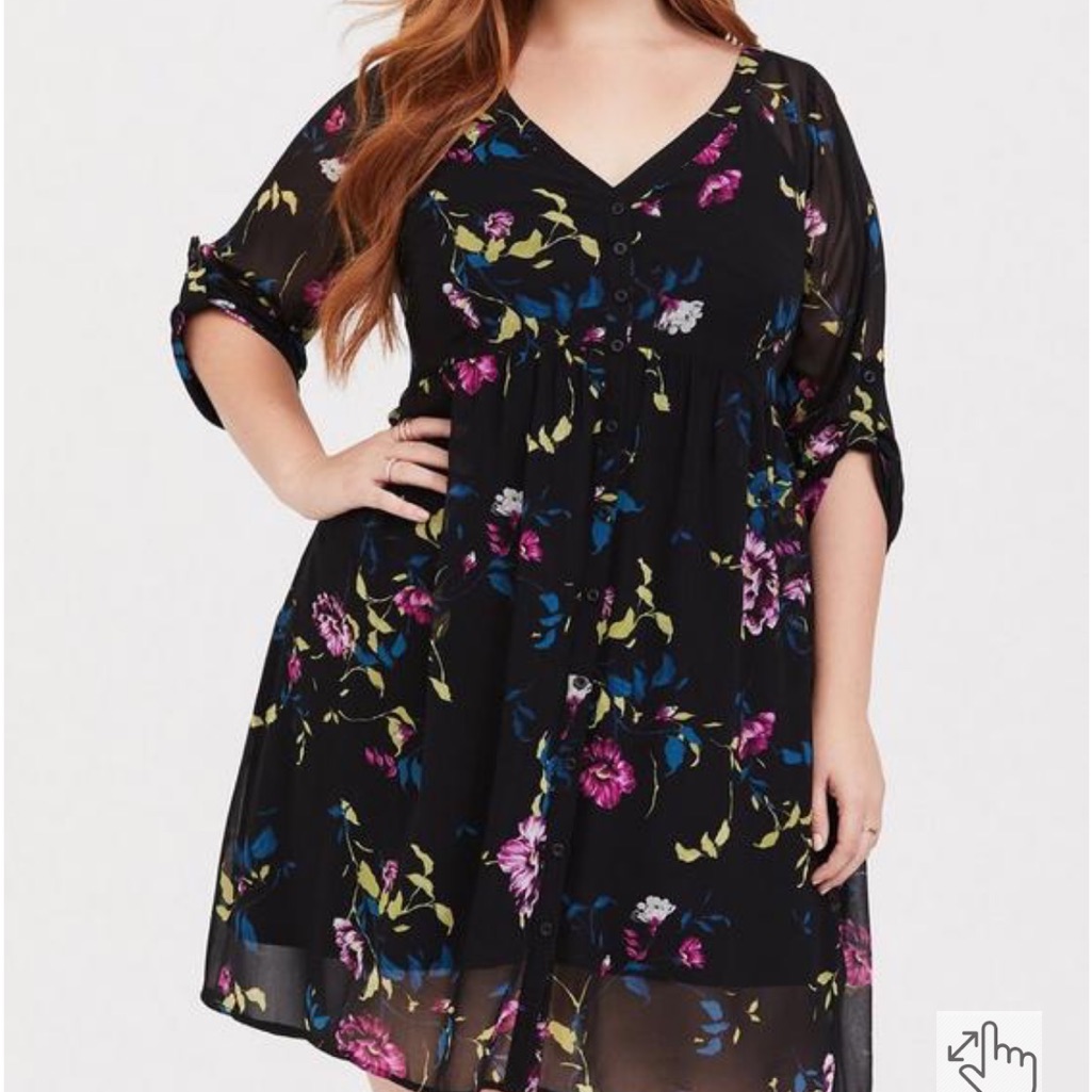 Torrid Women Black Casual Dress Sheer Floral Size 2 Mini Chiffon